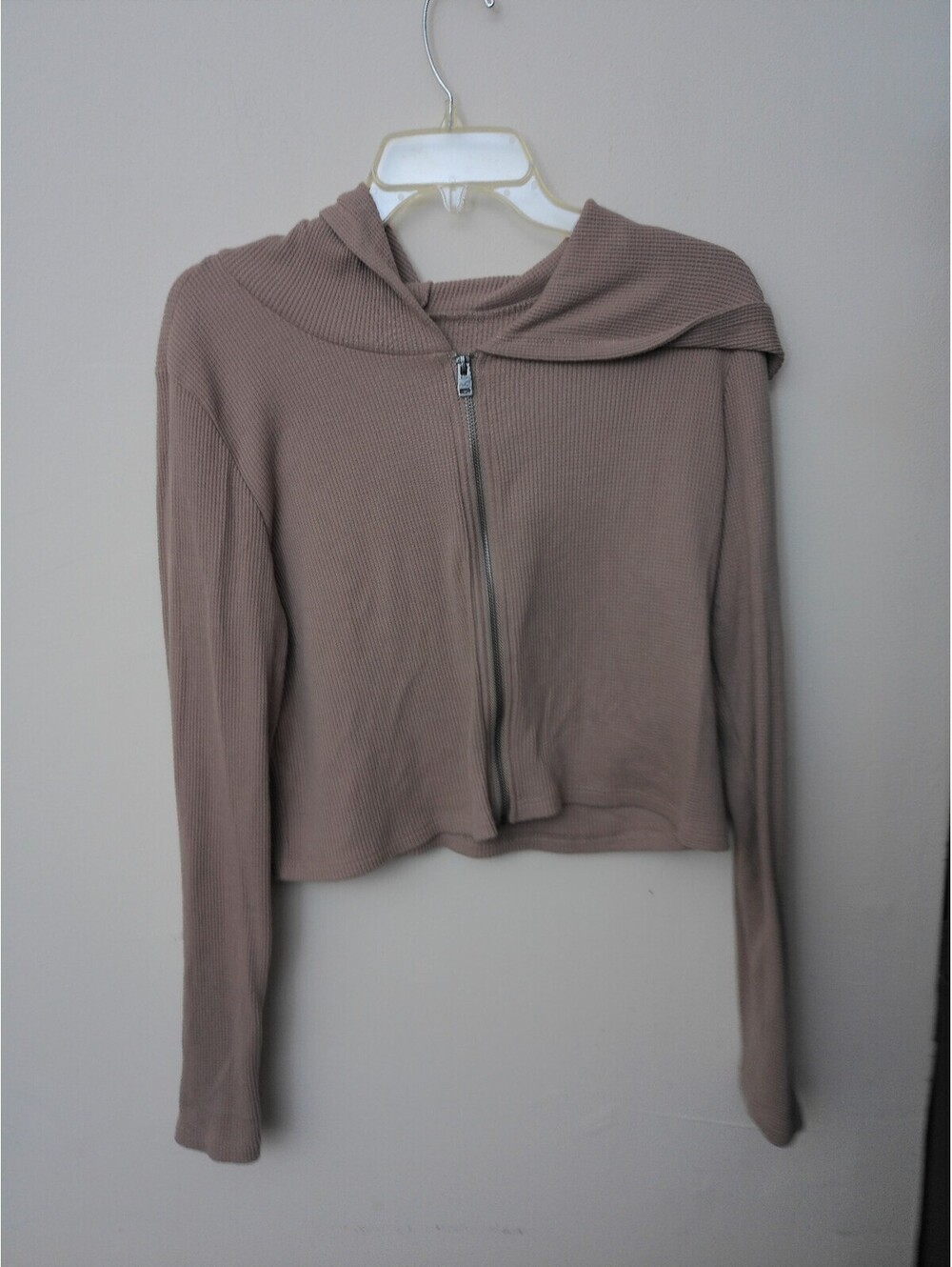 Hollister Full Zip Hoodie Womens Tan Y2K Inspired‎ Waffle Knit Thermal Top Large